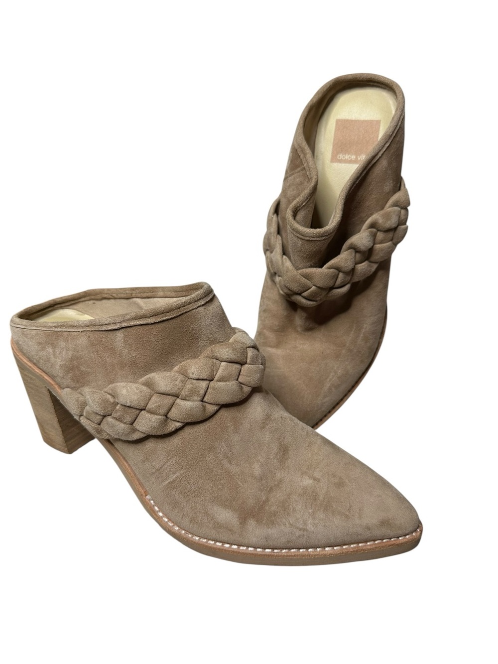 Dolce Vita Braided Suede Pointed Toe Mules Heeled Clogs Tan Beige Size 8
